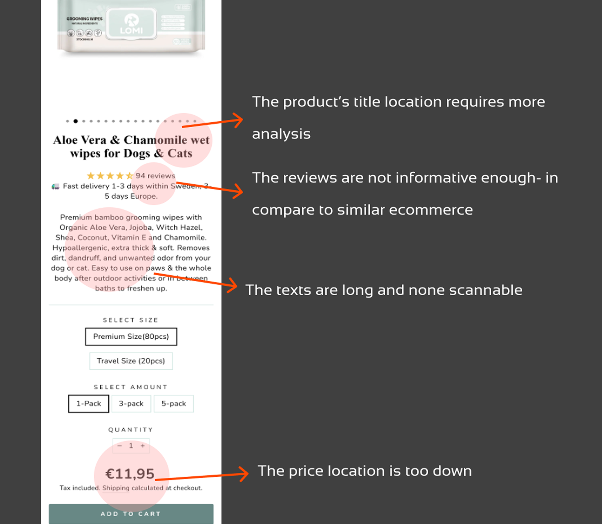 Lomi product page with UX annotations