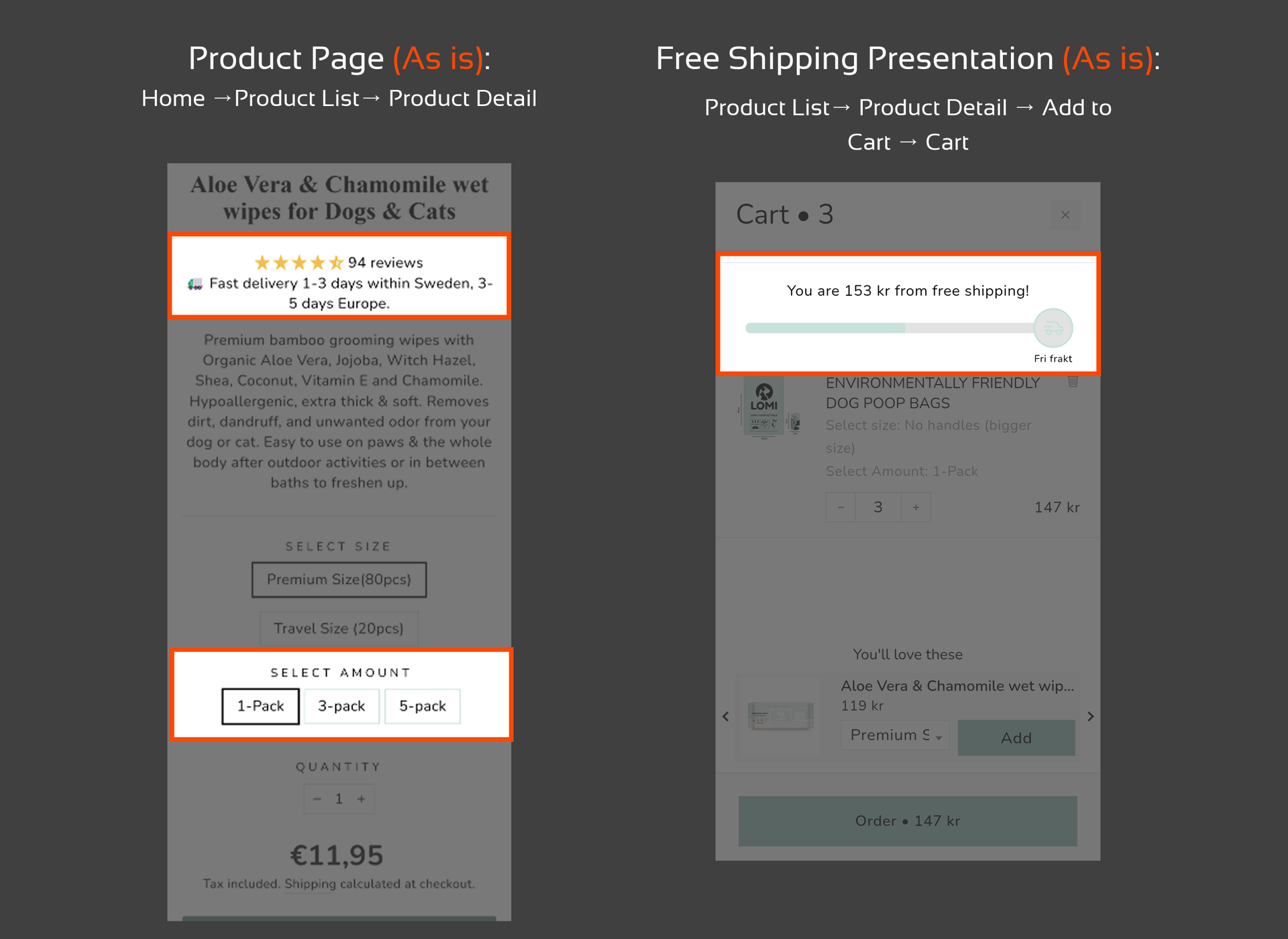 Product page and free shipping presentation screens showing design direction