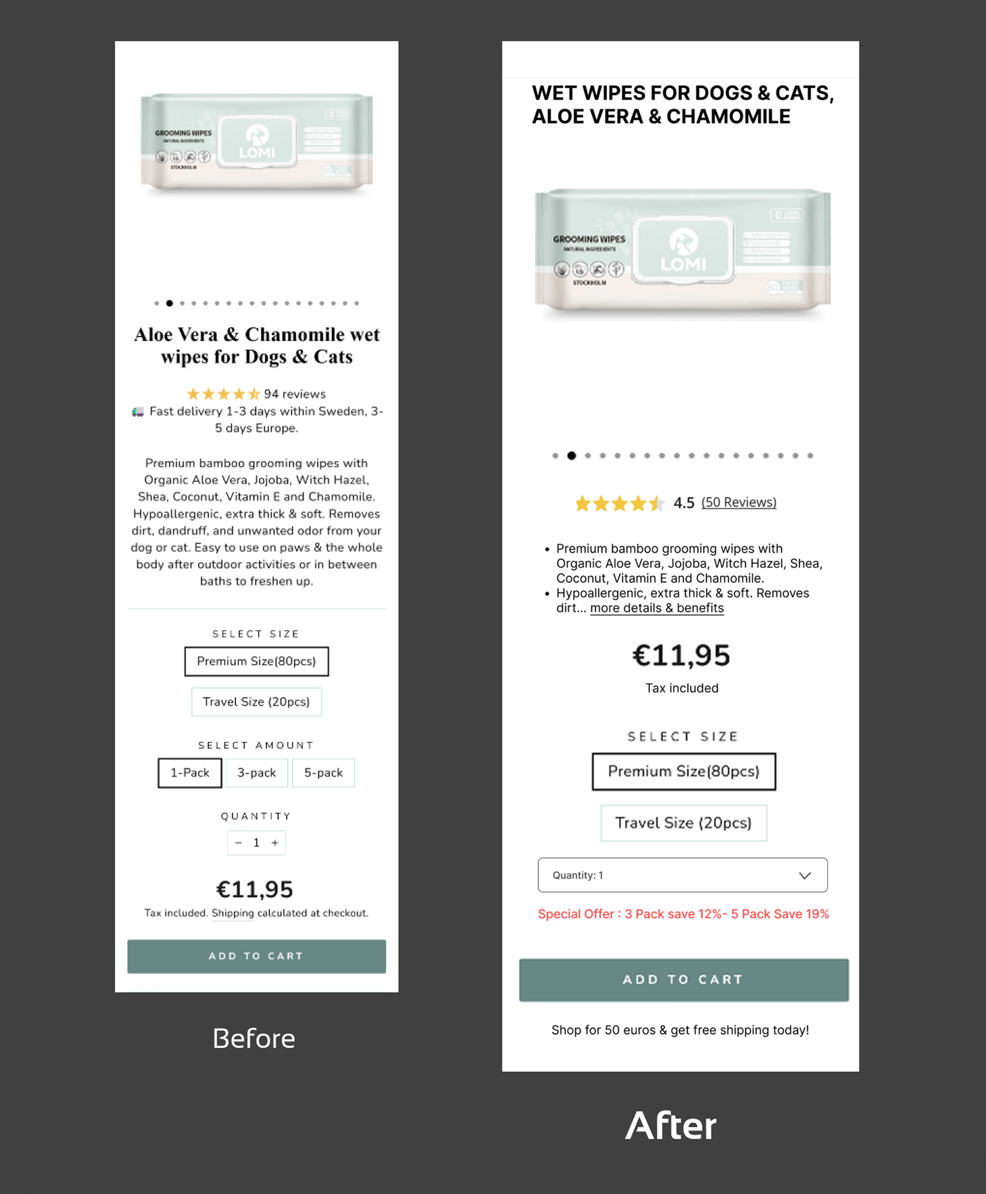 Before and after comparison of the product page UI